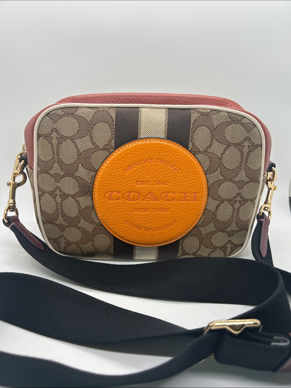 Coach Dempsey Camera Bag Brown Signature Jacquard Orange Logo Patch and Stripes